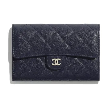 CHANEL Classic Flap CF Grain Embossed Calfskin Card Holder Women's Marine Blue