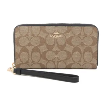 COACH Zip Around Canvas With Leather Wallets Clutches Women's Black & Khaki Monogram