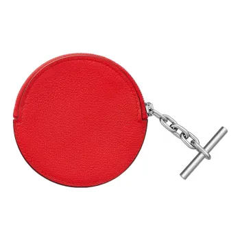 HERMES Strap Evercolor Calfskin Round Lanyard Coin Purse Card Holder Women's Heart Red
