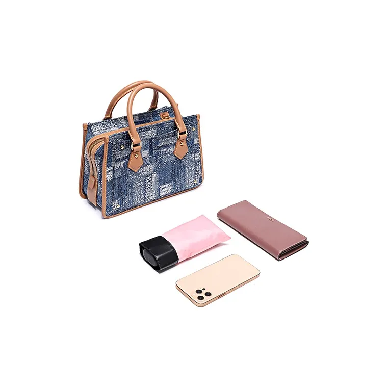 FION Leather One Shoulder Handbag Regular Women's Dark Blue/Camel-3