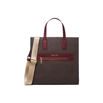 MICHAEL KORS Kenly Canvas Tote Bag, Shopping Bag, Shoulder Bag, Handbag Large Size Women's Brown & Fuchsia