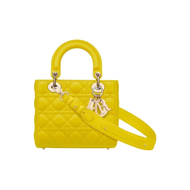 DIOR Lady Dior Sheepskin One Shoulder Handbags Small Size Women's Mustard Yellow-0