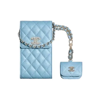 CHANEL 22SS Calfskin AirPods Pro Case Cell Phone Pouch Shoulder Bag Crossbody Bag Women's Blue