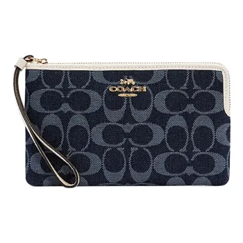COACH Corner Zip Fabric With Leather Wrist Bag Mahjong Handbag Large Size Women's Monogram Denim Blue