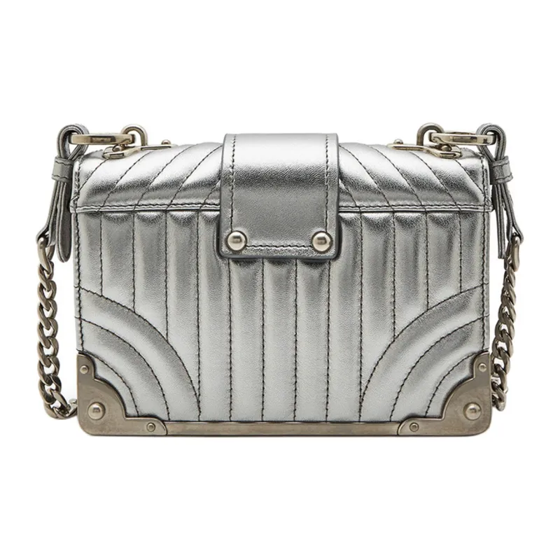 PRADA Cahier Leather Shoulder Bag Women's Silver-2