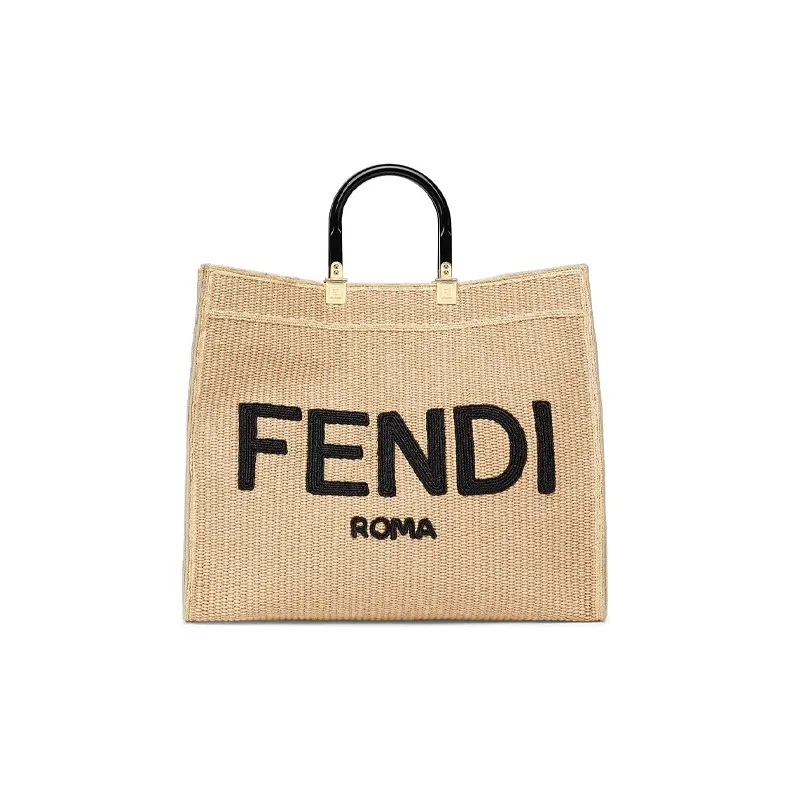 FENDI Sunshine Woven Straw Tote Bag Shopping Bag Handbag Large Size Women's Beige Yellow-0