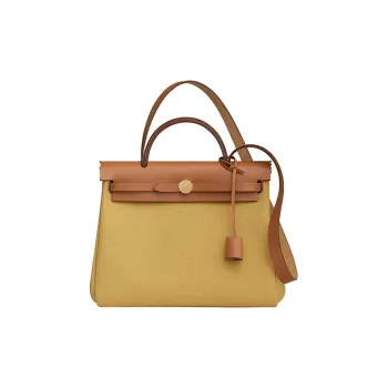 HERMES Herbag Zip Canvas With Hunter Cow Leather Portable One Shoulder Canvas Bag Crossbody Bag Women's Yellow