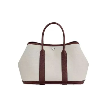 HERMES Garden Party Fabric With Leather Garden Bag Handbag Women's Oat & Bordeaux Burgundy