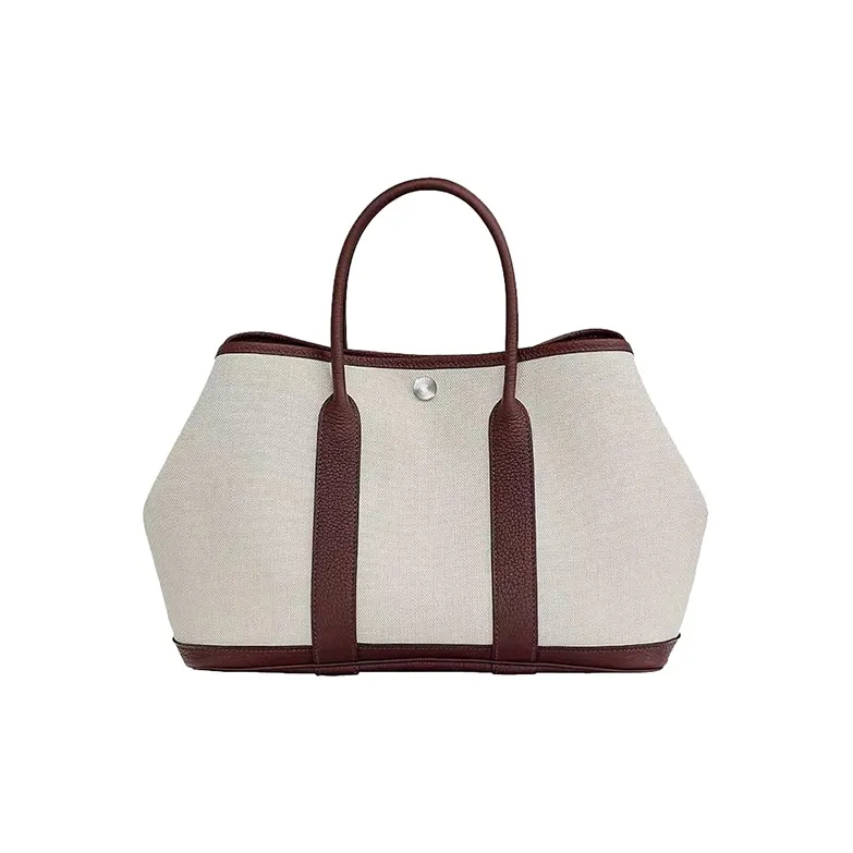HERMES Garden Party Fabric With Leather Garden Bag Handbag Women's Oat & Bordeaux Burgundy-0