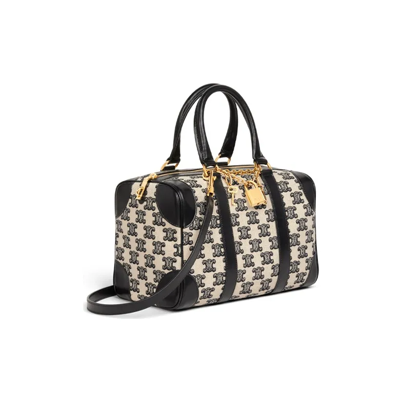 CELINE Embroidered Cow Leather Patchwork Boston Bag One Shoulder Handbags Small Size Women's Black-1