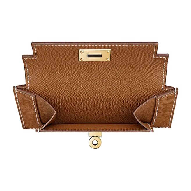 HERMES Kelly Pocket Cow Leather Coin Purse Unisex 37 Gold Brown-3