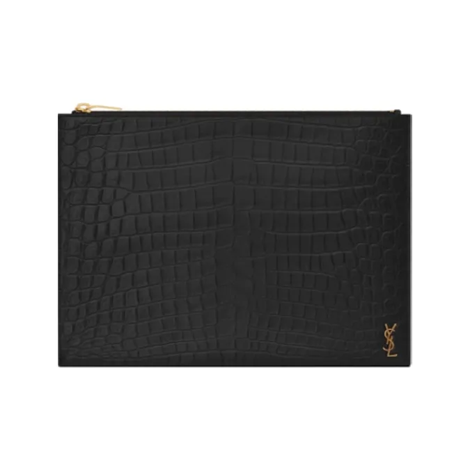 SAINT LAURENT Embossed Matte Finish Leather Tablet Bag Men's Black-0