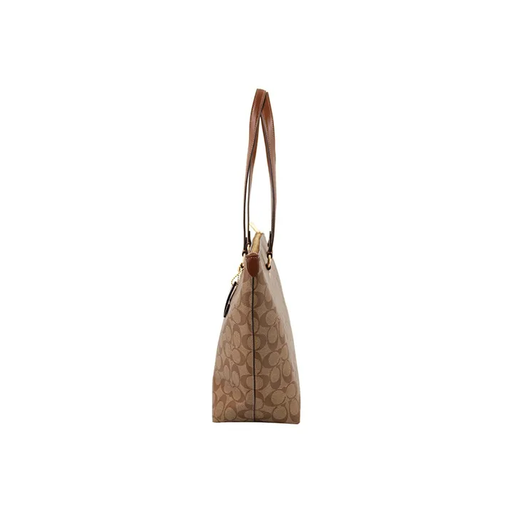 COACH Gallery Canvas With Leather Tote Bag, Shopping Bag, Handbag, Shoulder Bag Women's Khaki Brown-2