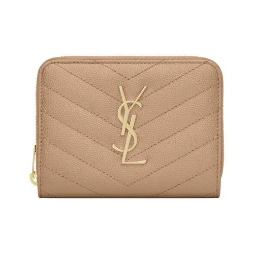 SAINT LAURENT YSL Monogram Quilting Leather Cropped Zip Closure Wallet Women's Dark Beige