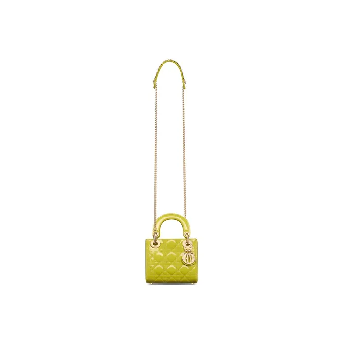 DIOR Lady Dior Patent Leather Cowhide Dior Bag Shoulder Bag Crossbody Bag Mini Women's Green Yellow-3