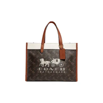 COACH Field Cow Leather Tote Bag Shopping Bag Shoulder Bag Crossbody Bag Handbag Large Size Unisex Dark Brown & White