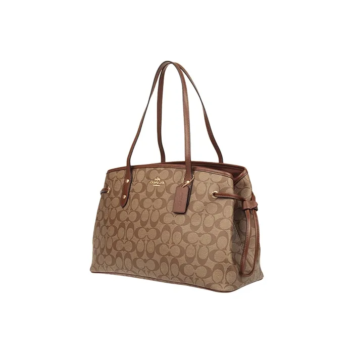 COACH Drawstring Canvas With Leather Shoulder Bag Crossbody Bag Handbags Large Size Women's Khaki-1