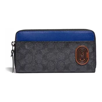 COACH Accordion Wallet Canvas With Leather Clutch Wallet Men's Charcoal Black Monogram & Blue
