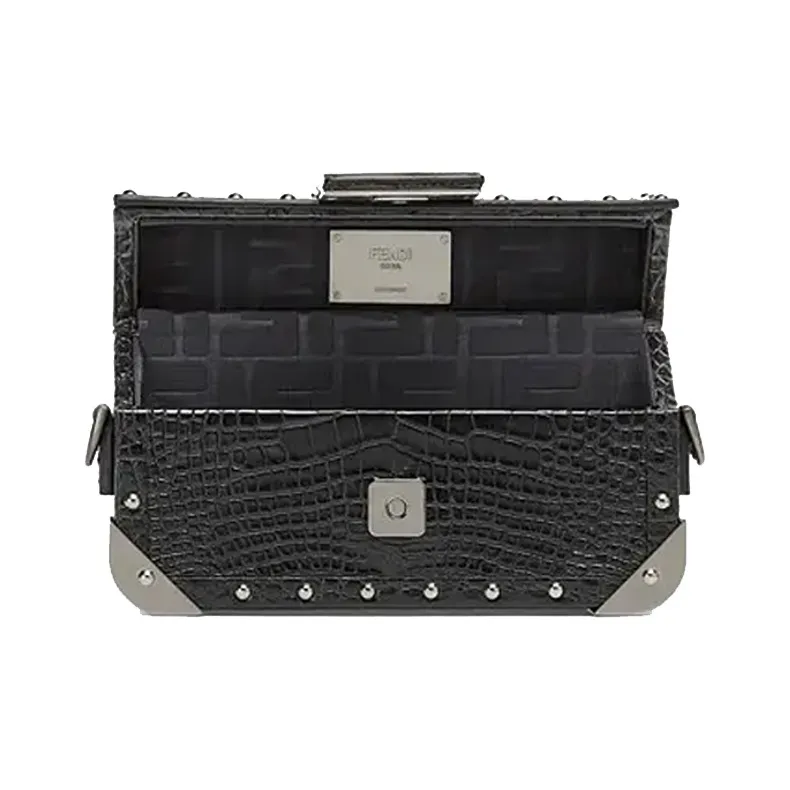 FENDI BaguetteTrunk Crocodile Pattern Leather Baguette Bag Box Bag Shoulder Bag Crossbody Bag Mini Men's Black-3