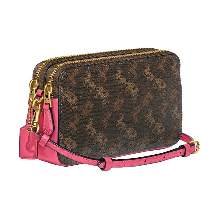 COACH Kira Canvas With Leather Crossbody Bag Trumpets Women's Dark Brown & Rose Red-2