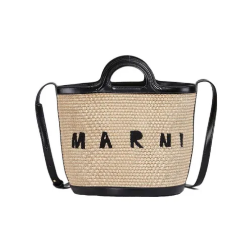 MARNI Raffia Woven With Calfskin Bucket Bag, Shoulder Bag, Crossbody Bag, Handbag Trumpets Women's Brown/Black