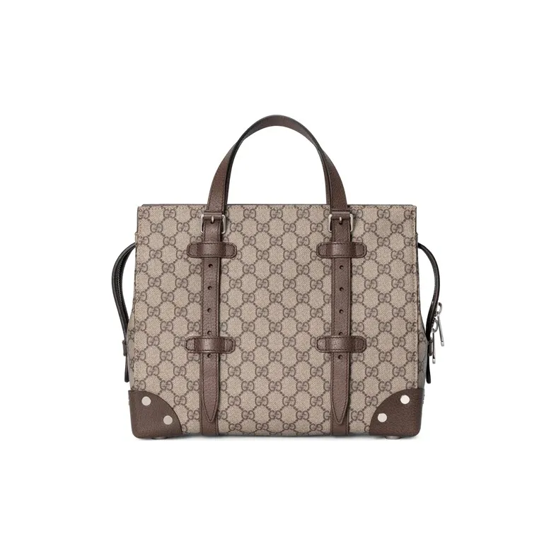 GUCCI Canvas With Leather Tote Bag, Shopping Bag, Handbag Medium Size Unisex Ebony & Brown-3