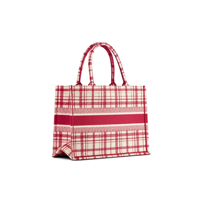 DIOR BookTote Embroidery Tote Bag Shopping Bag Handbag Small Size Women's Red Overlapped Plate-2