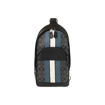 COACH Houston Cow Leather PVC Sling Bag Small Size Men's Black With Blue/White Stripes