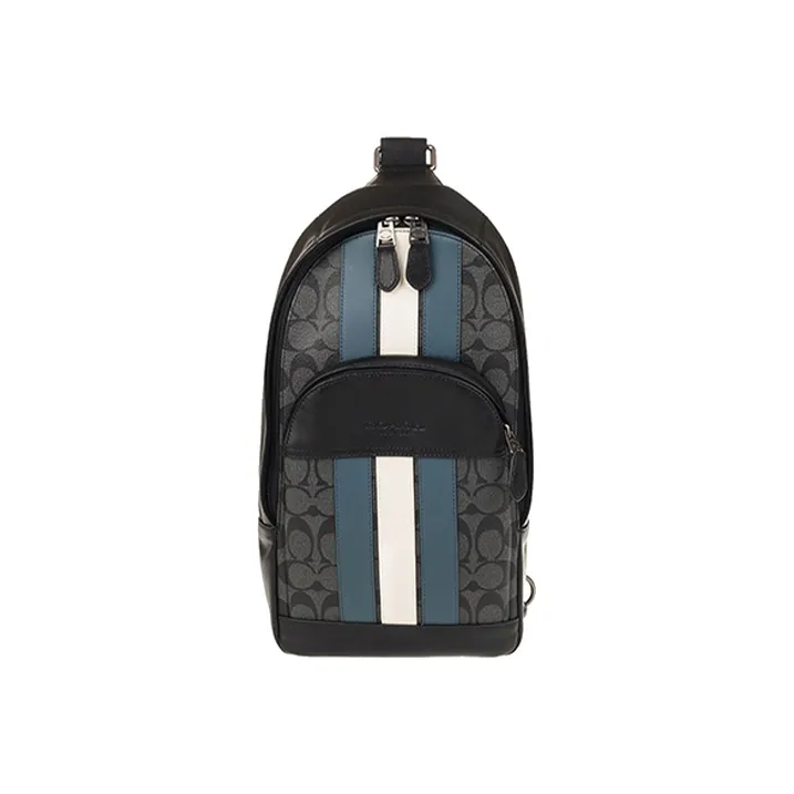COACH Houston Cow Leather PVC Sling Bag Small Size Men's Black With Blue/White Stripes-0