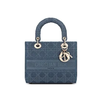 DIOR Lady DiorLady D-Lite Embroidery DaiFeng Handbags Medium Size Women's Dark Denim Blue