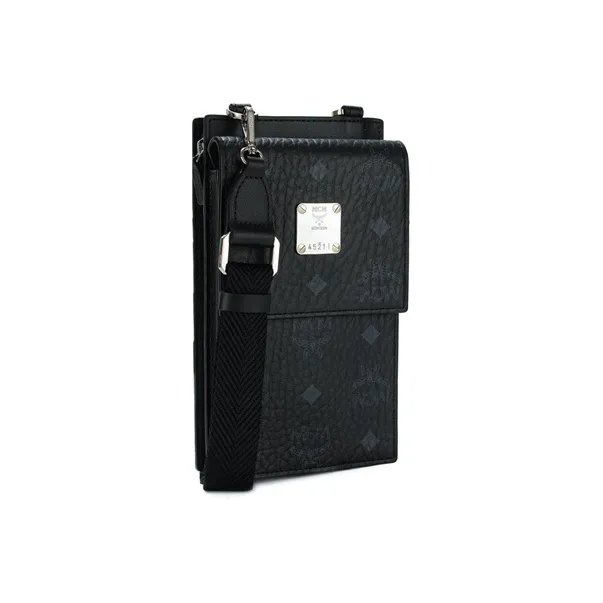 MCM Original Visetos Leather Cell Phone Pouch 2-in-1 Shoulder Bag Crossbody Bag Card Holder Women's Black-1