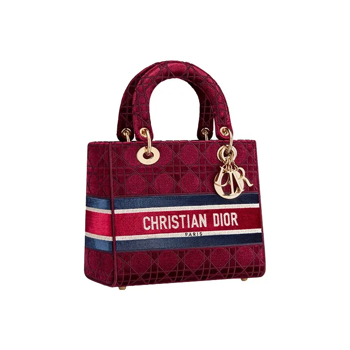 DIOR Lady D-Lite Velvet Daisie Bag Handbag Shoulder Bag Crossbody Bag Medium Size Women's Burgundy-1