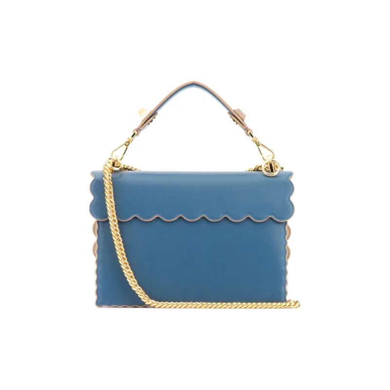 FENDI Kan I Leather Chain Bag, One Shoulder Handbag Women's Blue-3