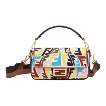FENDI Baguette Canvas With Leather Shoulder Bag Crossbody Bag Handbag Medium Size Women's Brown/Multicolor