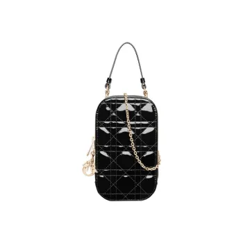 DIOR Lady Dior Patent Leather Cowhide One Shoulder Crossbody Portable Cell Phone Pouch Women's Black