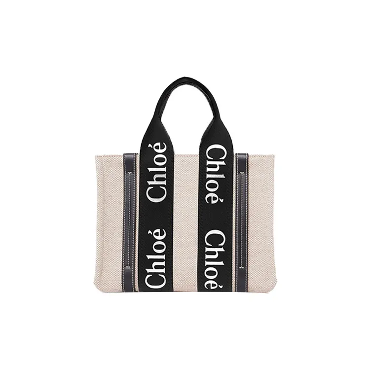 Chloe Woody Calfskin Tote Bag Shopping Bag Shoulder Bag Crossbody Bag Handbag Small Size Women's Black & Beige-2