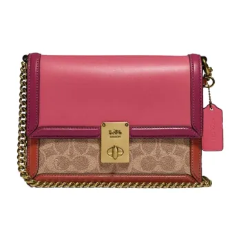 COACH Hutton Canvas With Leather Small Square Bag Shoulder Bag, Crossbody Bag Small Size Women's Pink Contrast Brown