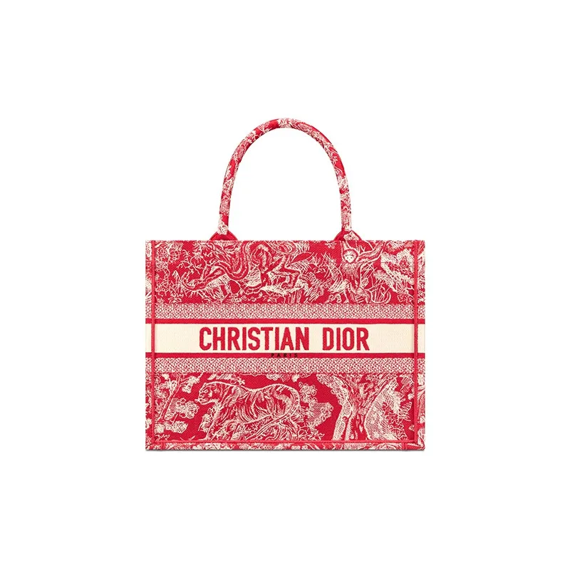 DIOR Fabric Tote Bag Shopping Bag Shoulder Bag Handbag Medium Size Women's Overripe Red-0