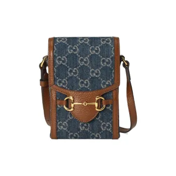 GUCCI Horsebit 1955 Logo Denim Mini Phone Bag Box Shoulder Bag Blue/Brown