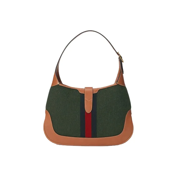 GUCCI Jackie 1961 Canvas With Leather Trim Crescent Shoulder Bag Shoulder Bag Women's Dark Green With Brown Accents-2