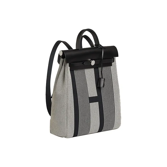 HERMES Herbag Zip Canvas With Leather Backpack Unisex Black & Beige & Light Beige-1