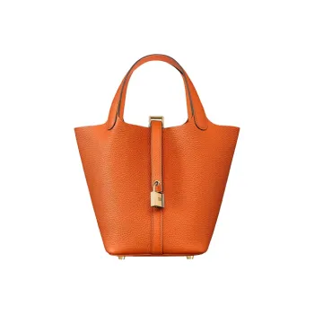 HERMES Picotin Lock Clemence Bullock Leather Basket Bag Handbag Bucket Bag 18 Women's 9J Feu Flame Orange