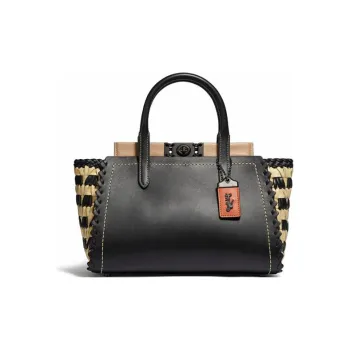 COACH Troupe Leather Crossbody Bag With Handle Handbag Medium Size Women's Black & Ecru