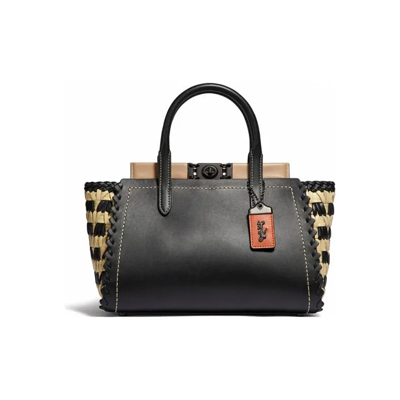 COACH Troupe Leather Crossbody Bag With Handle Handbag Medium Size Women's Black & Ecru-0