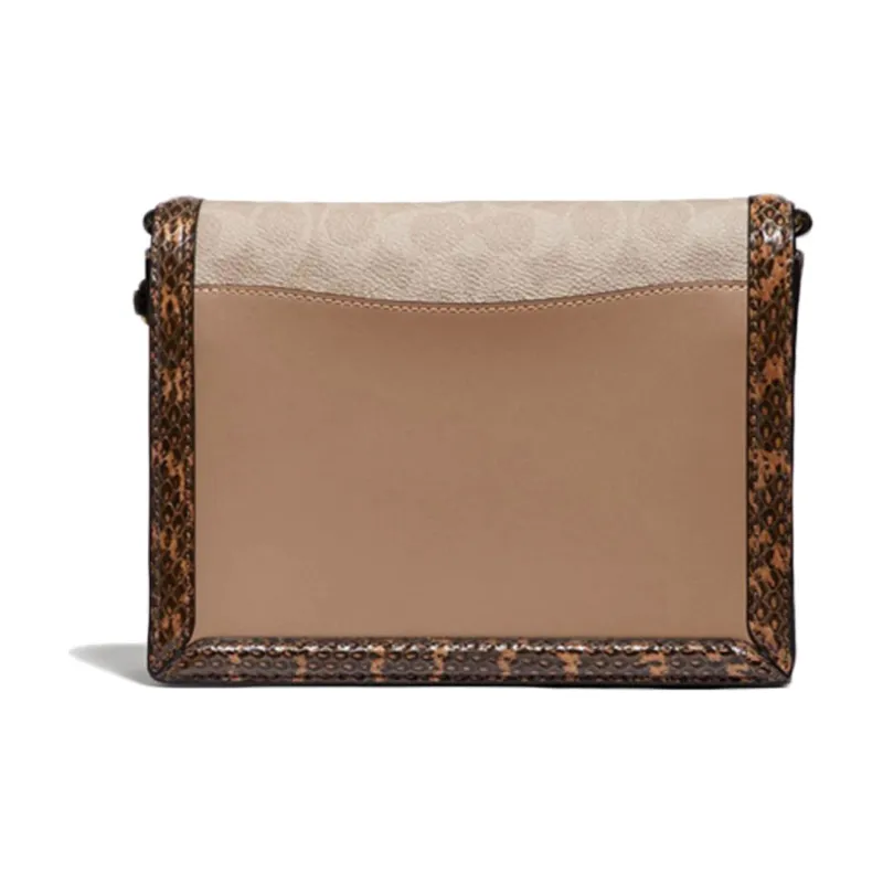 COACH Hutton Leather With Snake Skin With Coated Canvas Small Square Bag Shoulder Bag, Crossbody Bag Women's Brown-2