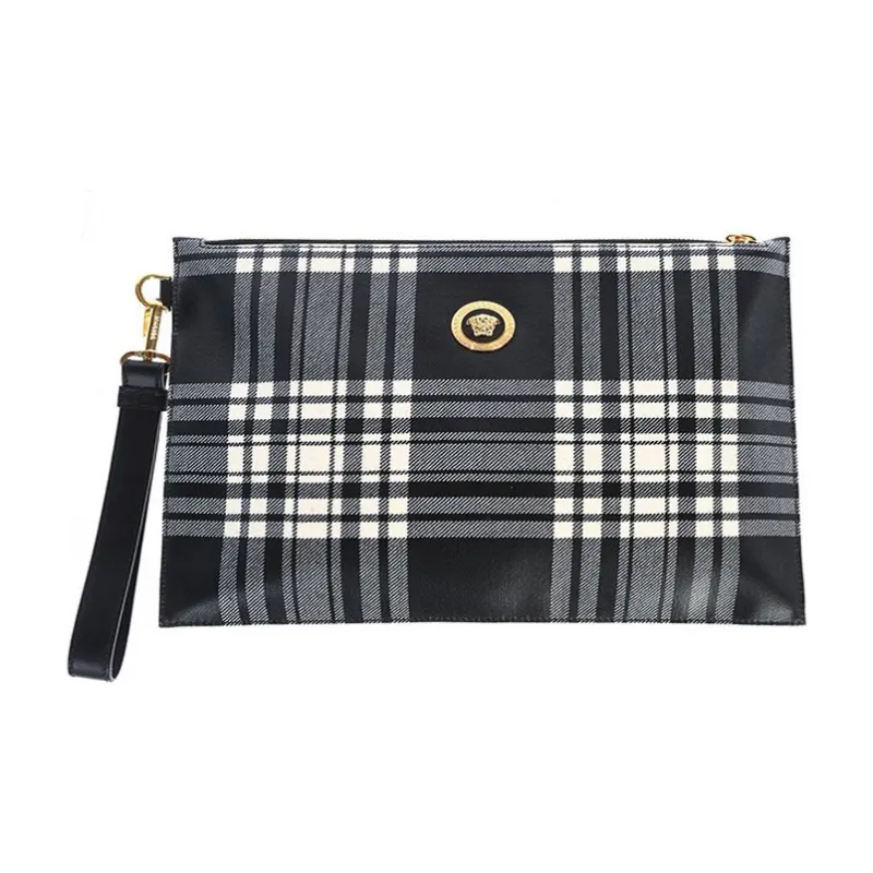 VERSACE Fabric Coin Purse Clutch Men's Black/White Gray Plaid-0
