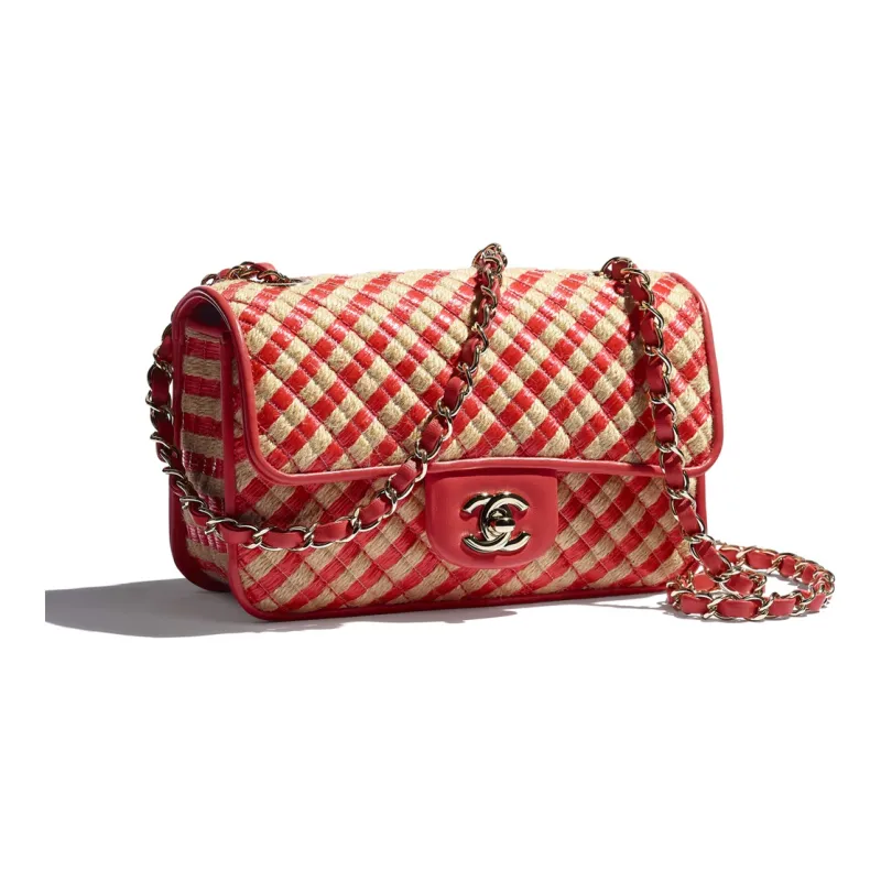 CHANEL Classic Flap CF Raffia Fiber & Metal Crossbody Bag, Shoulder Bag Women's Red-1