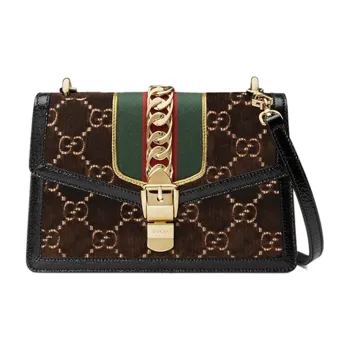 GUCCI Sylvie Velvet With Leather Shoulder Bag Handbag Crossbody Bag Small Size Women's Brown