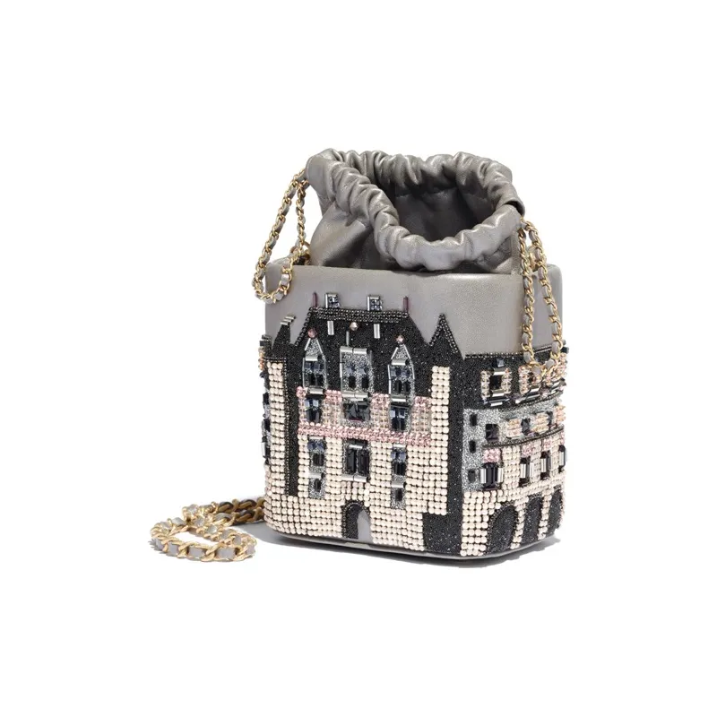 CHANEL Lambskin Chain Bag, Bucket Bag, Crossbody Bag Women's Silver-2