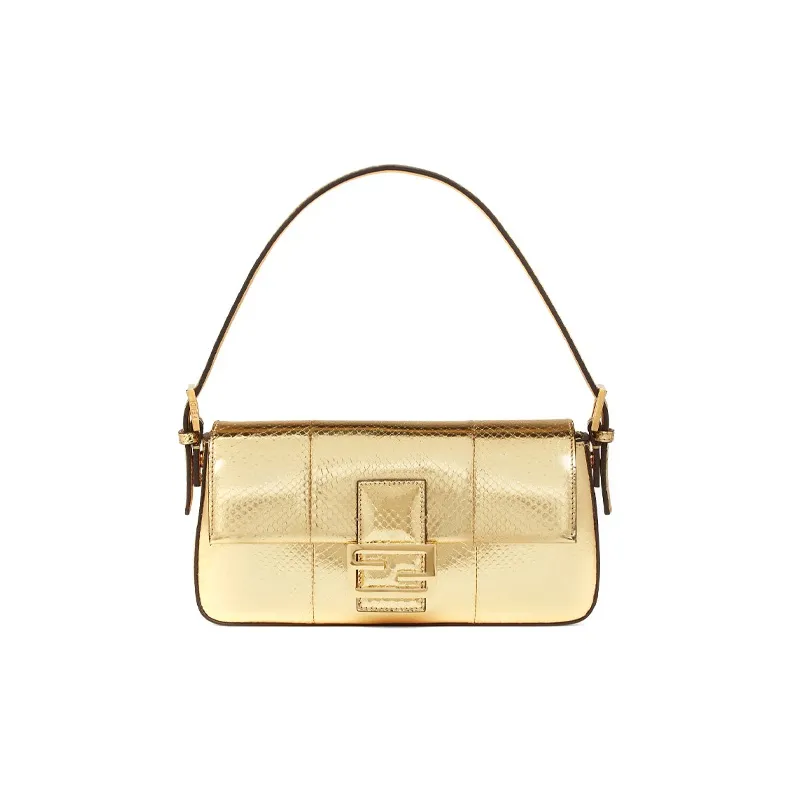 FENDI Baguette Python Pattern Leather Baguette Bag Shoulder Bag Handbag Shoulder Bag Women's Gold-0